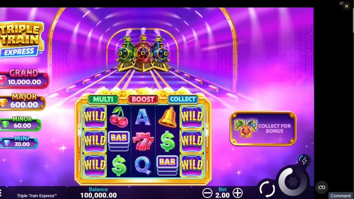 Interface futurista e neon do slot Triple Train Express com trens em alta velocidade